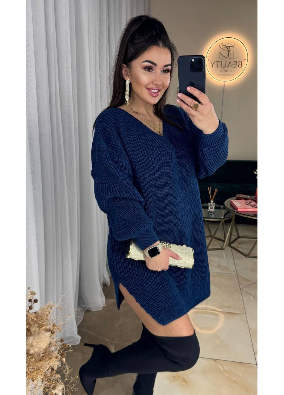 Синее повседневный, кэжуал женское платье-туника оверсайз оверсайз No Brand однотонное