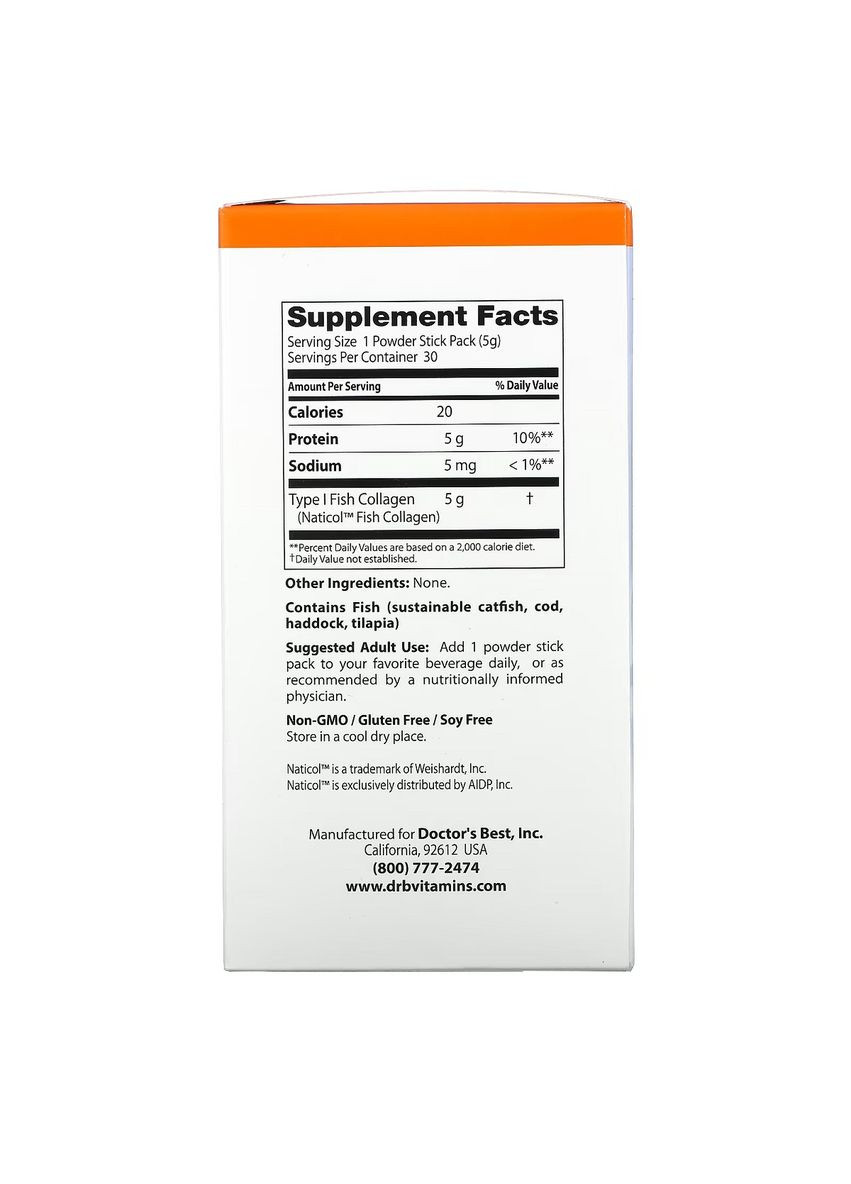Рыбий Коллаген с натиколом, 5 г, Fish Collagen,, 30 стиков Doctor's Best (326055109)