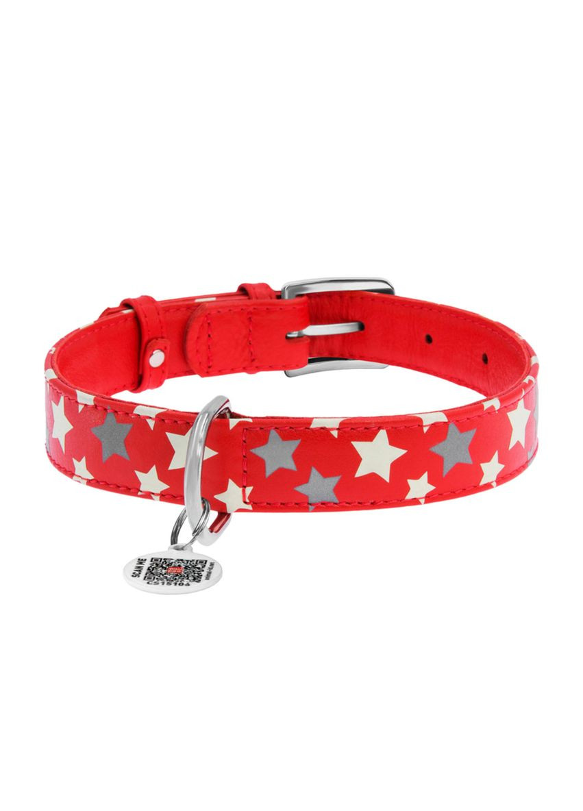Ошейник кожаный Glamour с QR тегом, "Звёздочка", светоотражающий,, Ш 25 мм, Дл 38-49 см WAUDOG (323159784)