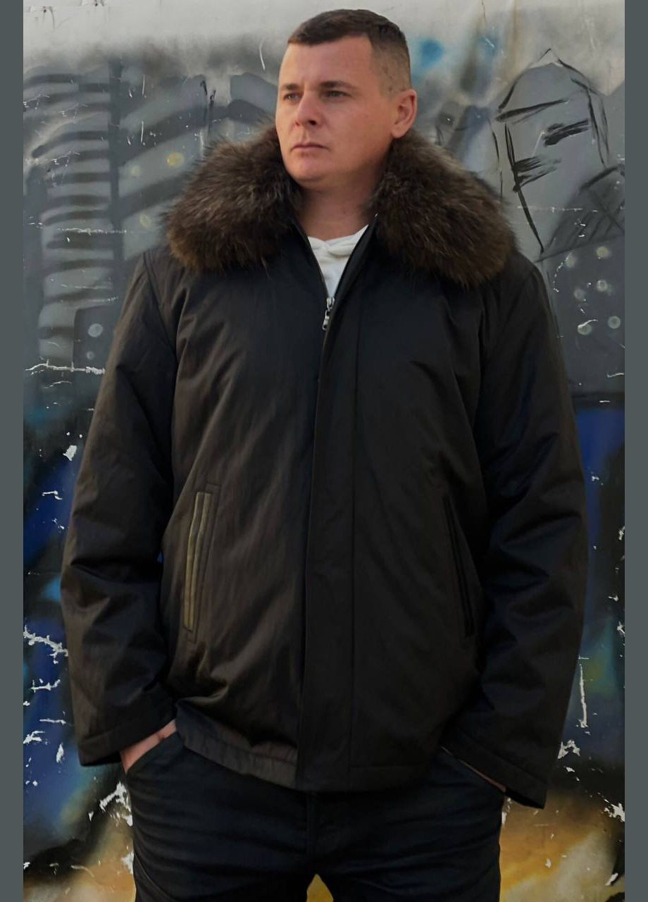 Чорна зимня куртка чоловіча напівбатальна єврозима з натуральним хутром чорного кольору Let's Shop