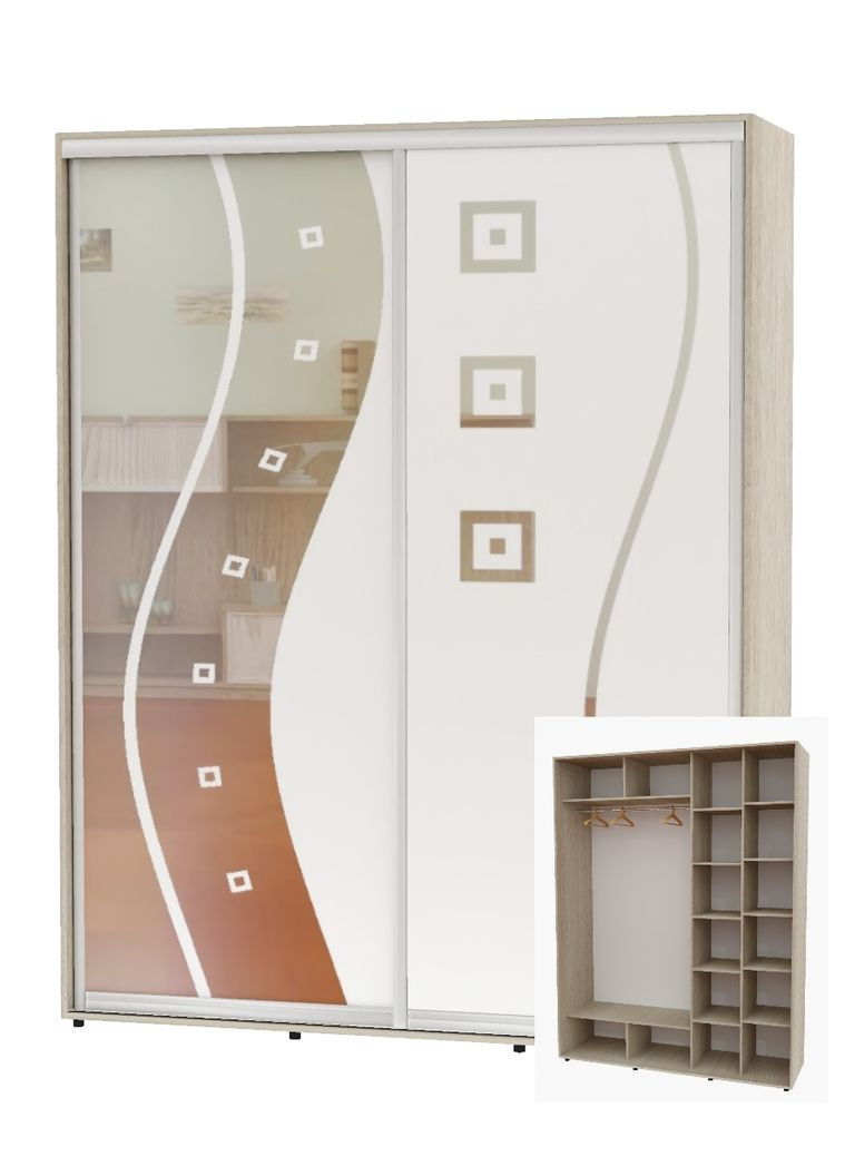 Шафа-купе дводверна 200*60*250 Дуб Шамони світлий Дзеркало з піскострумним малюнком Алекса (360461375)