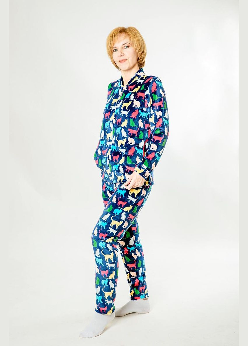 Темно-синя зимня теплий домашній жіночий костюм котики (кофта+штани) Україна