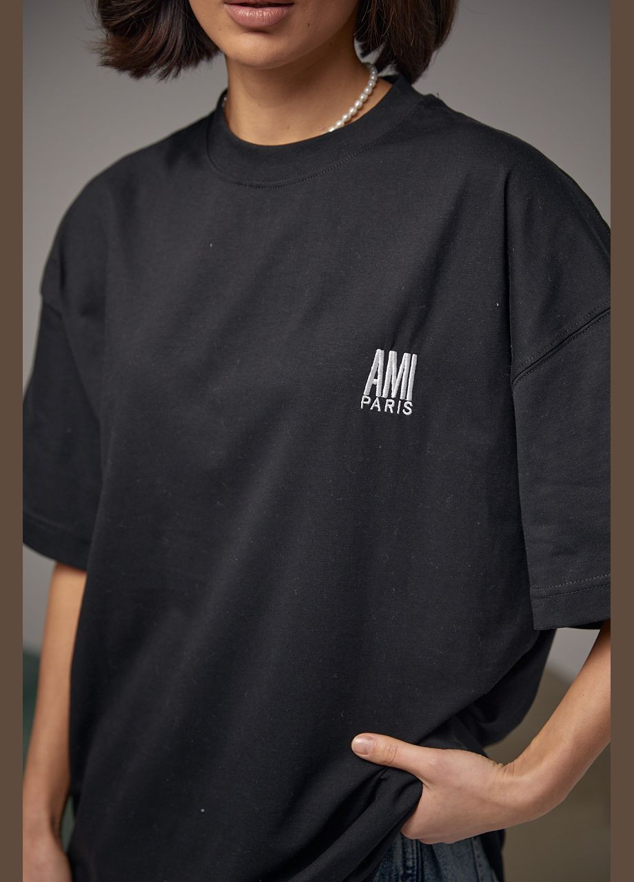Черная летняя хлопковая футболка с вышитой надписью ami paris - черный Lurex