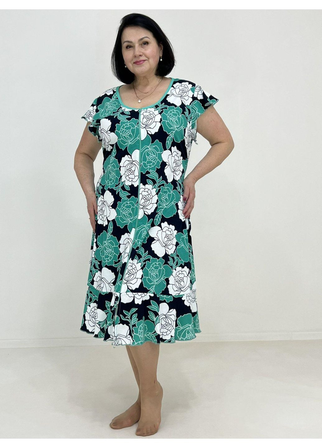 Халат женский с валаном Флора Pars 64-66 Зелёно-белый (80819023-5) Triko (329435562)