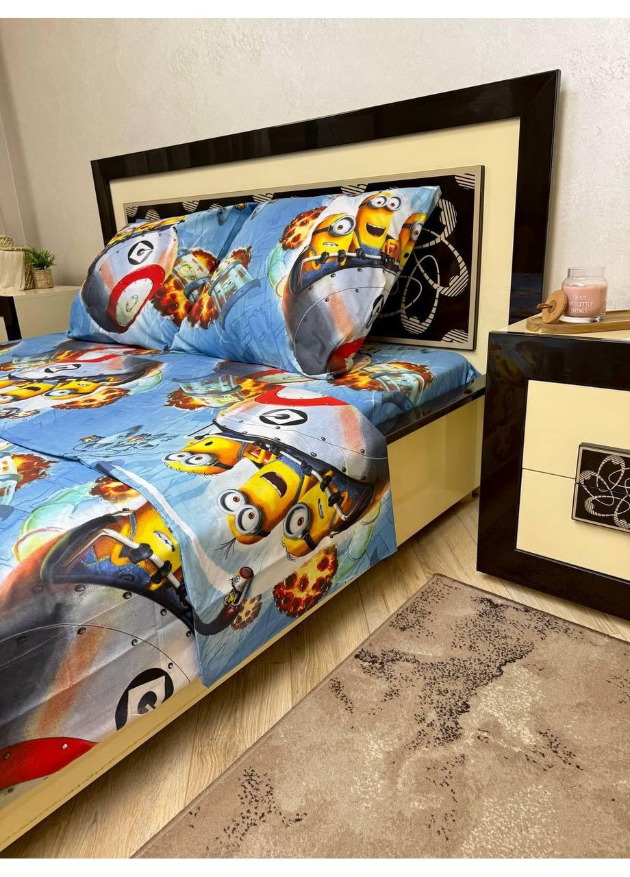 Постільна білизна бавовняна Міньйони Півтораспальна 150 x 220 Бязь Блакитна 70 х 70 No Brand (352200478)