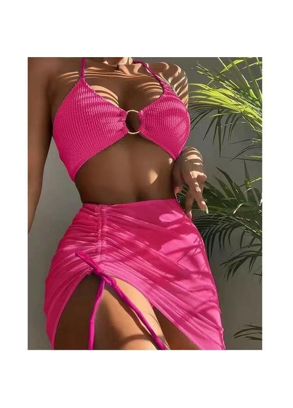 Рожевий літній купальник роздільний з парео жіночий роздільний BabyStyle