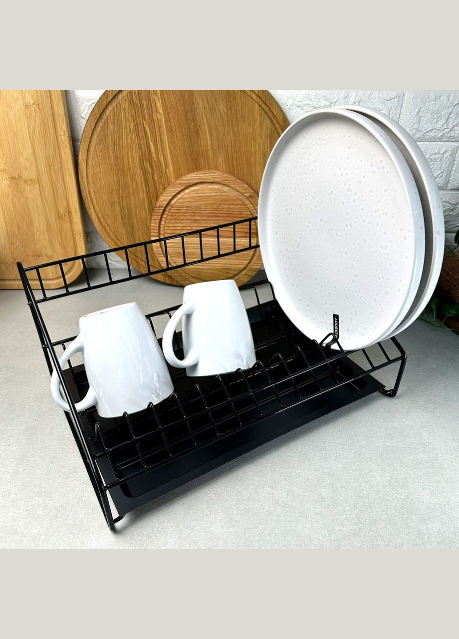 Чёрная одноярусная сушилка для посуды 36.5 см с бортиком и поддоном, Люкс No Brand (366818177)