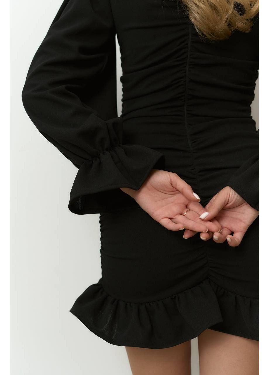 Чорна святковий, коктейльна, вечірня міні сукня з відкритими плечами силуетна Україна однотонна