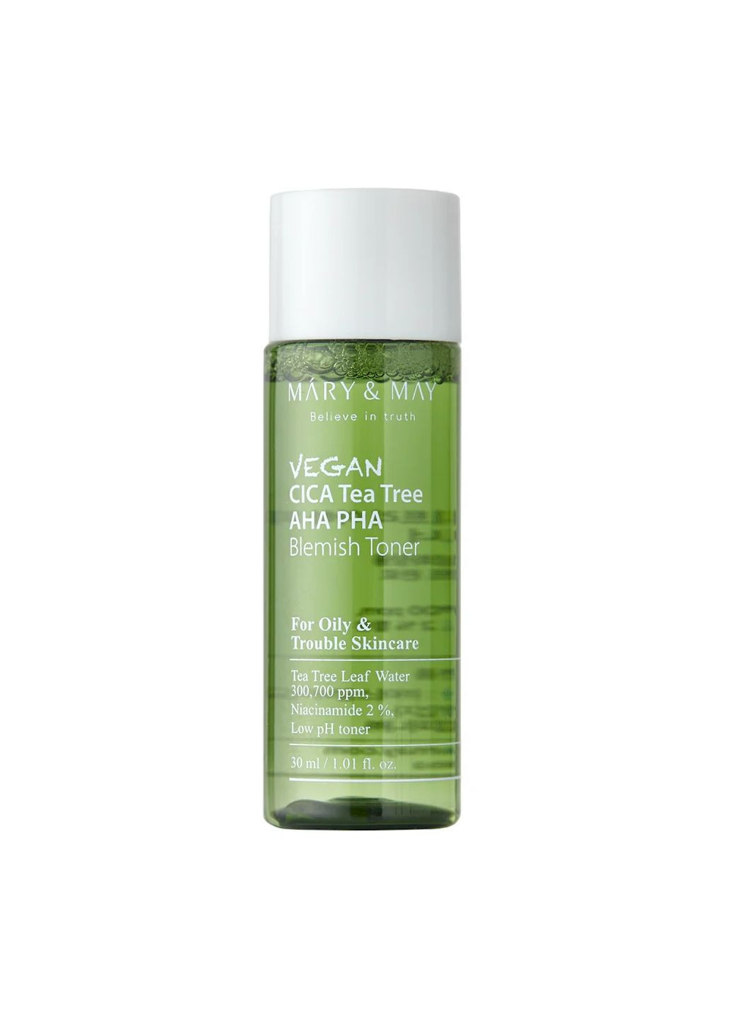 Тонер мініатюра MARY&MAY VEGAN CICA TEA TREE AHA PHA BLEMISH TONER на основі центели та кислот, 30 мл Mary & May (258627621)