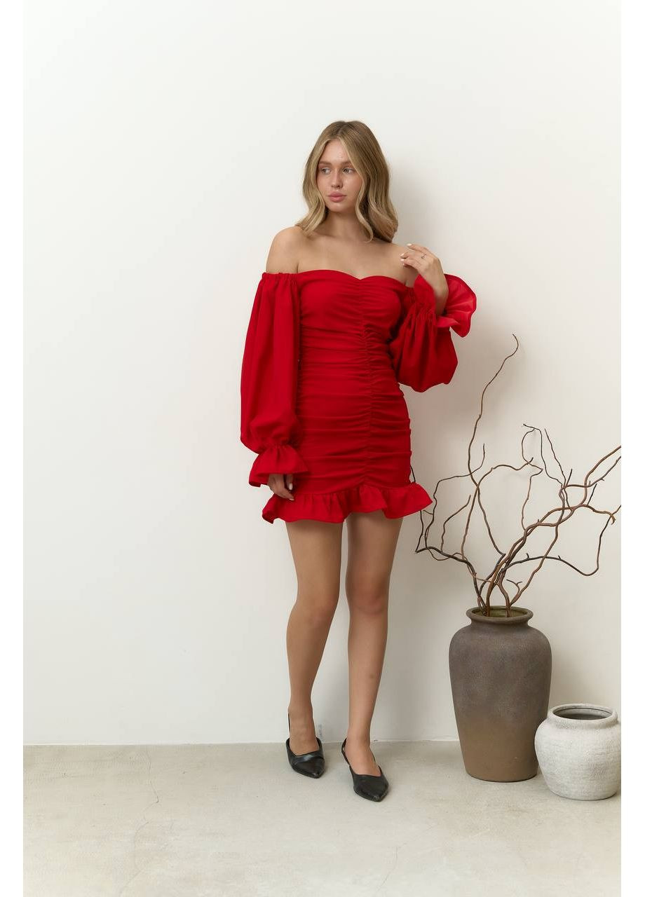 Червона святковий, коктейльна, вечірня міні сукня з відкритими плечами силуетна Україна однотонна