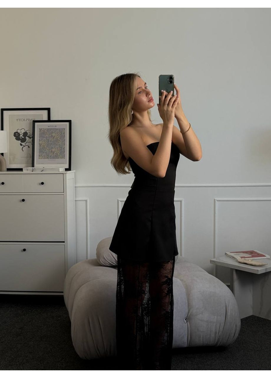 Чорна святковий, коктейльна, вечірня сукня зі знімною мережевною спідницею з відкритими плечима Україна однотонна