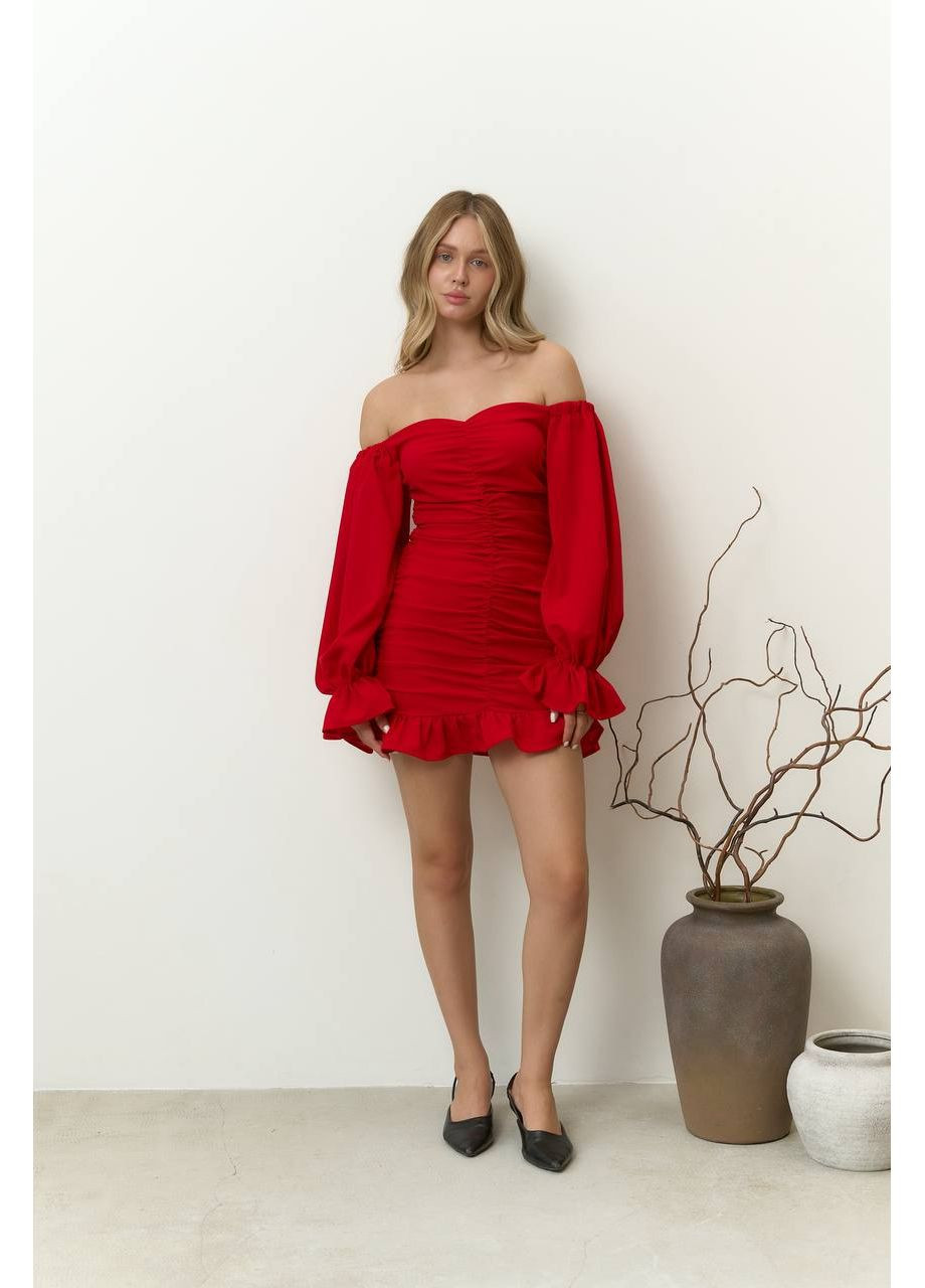 Червона святковий, коктейльна, вечірня міні сукня з відкритими плечами силуетна Україна однотонна