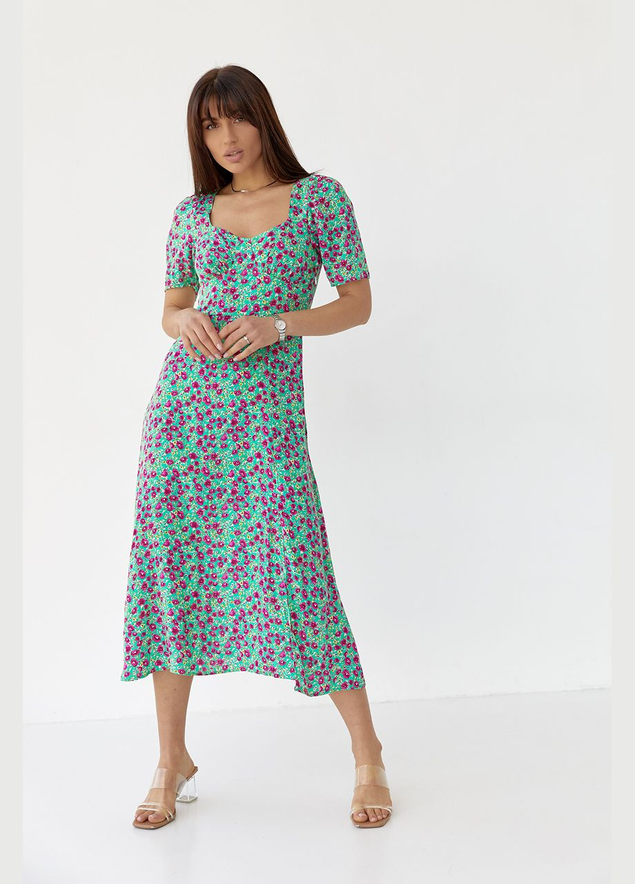 Зелена сукня міді з розрізом у квітковий принт Lurex