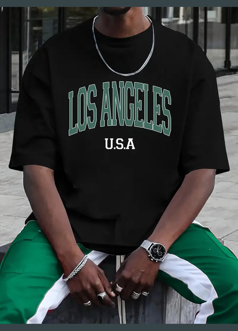 Комбінована чорна трендова чоловіча оверсайз футболка з модними написами No Brand