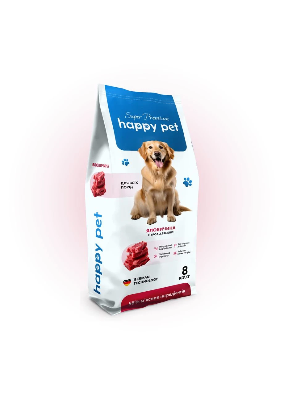 Гипоаллергенный сухой корм для собак всех пород с говядиной 8 кг Happy Pet (386997645)