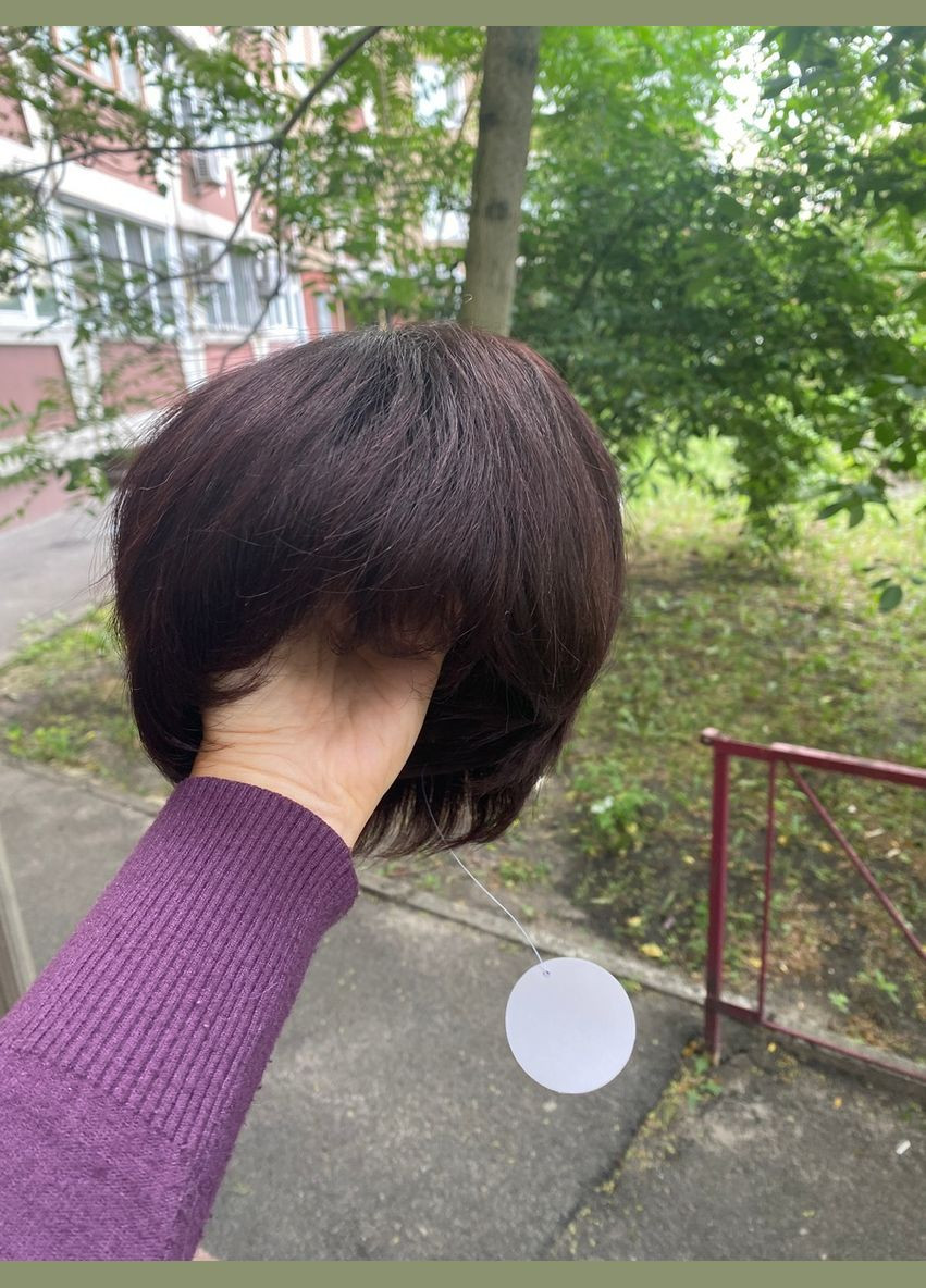 Перука темно-каштанова з натурального волосся коротка стрижка No Brand 4921 (315779994)