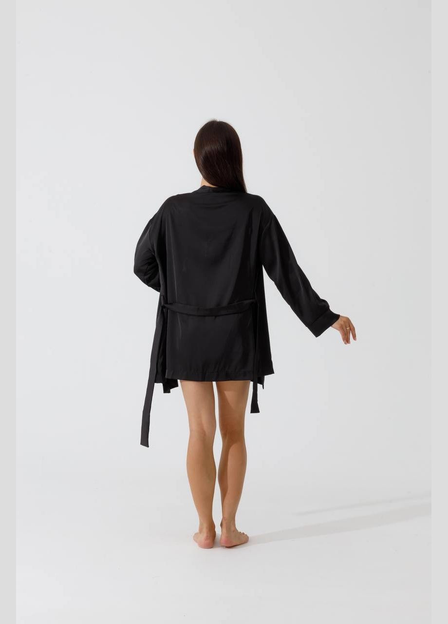 Чорна шовкова піжама халат + сорочка, італійський шовк, чорна Shine