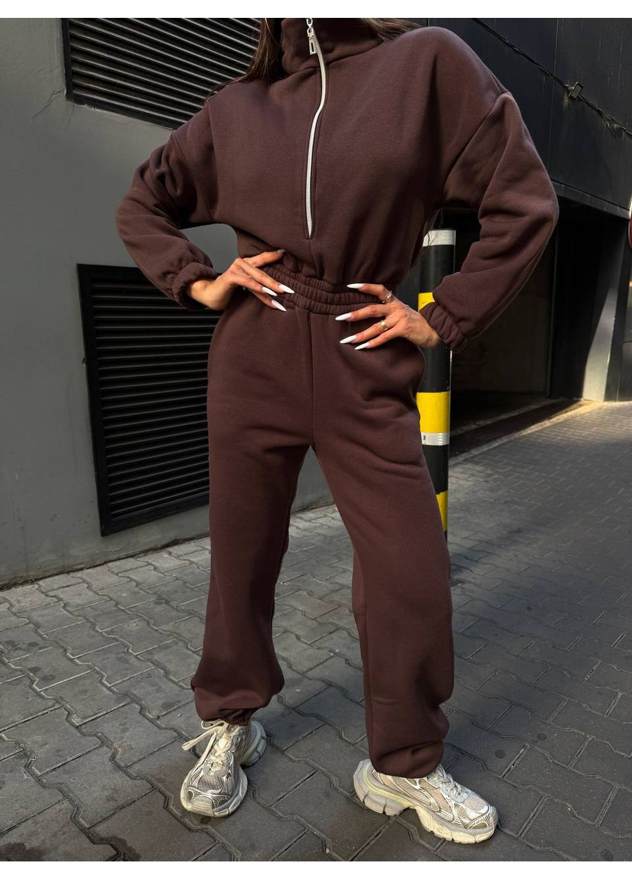 Жіночий комбінезон на флісі Avanti комбінезон-брюки однотонний коричневий спортивний, повсякденний тринитка з начосом