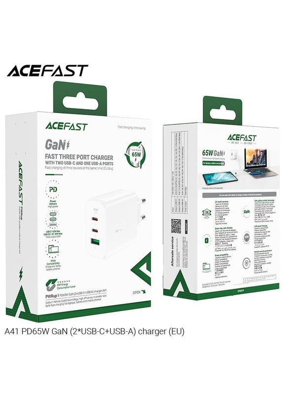 Зарядний пристрій GaN A41 3 виходи 2TypeC і 1 USB 65 W біле Acefast (293345351)