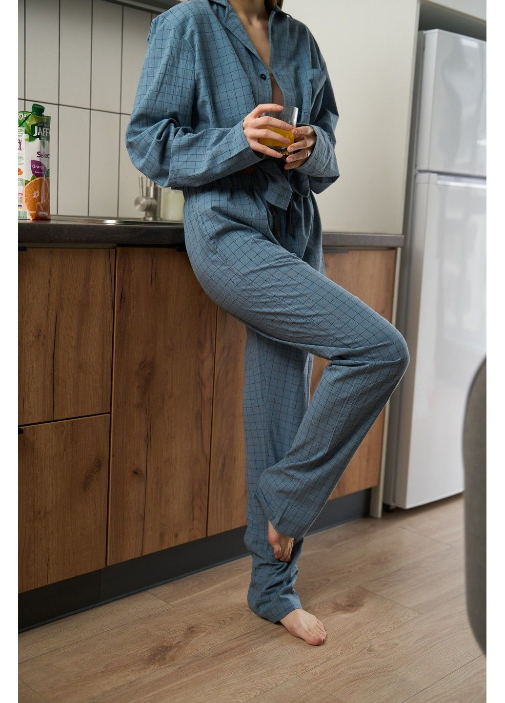 Синяя пижама женская в клеточку вареный хлопок homely синяя рубашка + брюки Handy Wear