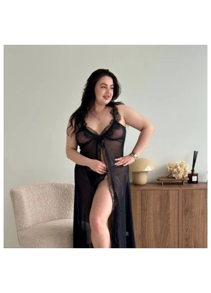 Жіночий прозорий пеньюар plus size з трусиками / Жіночий довгий мереживний пеньюар великих розмірів No Brand (397050110)
