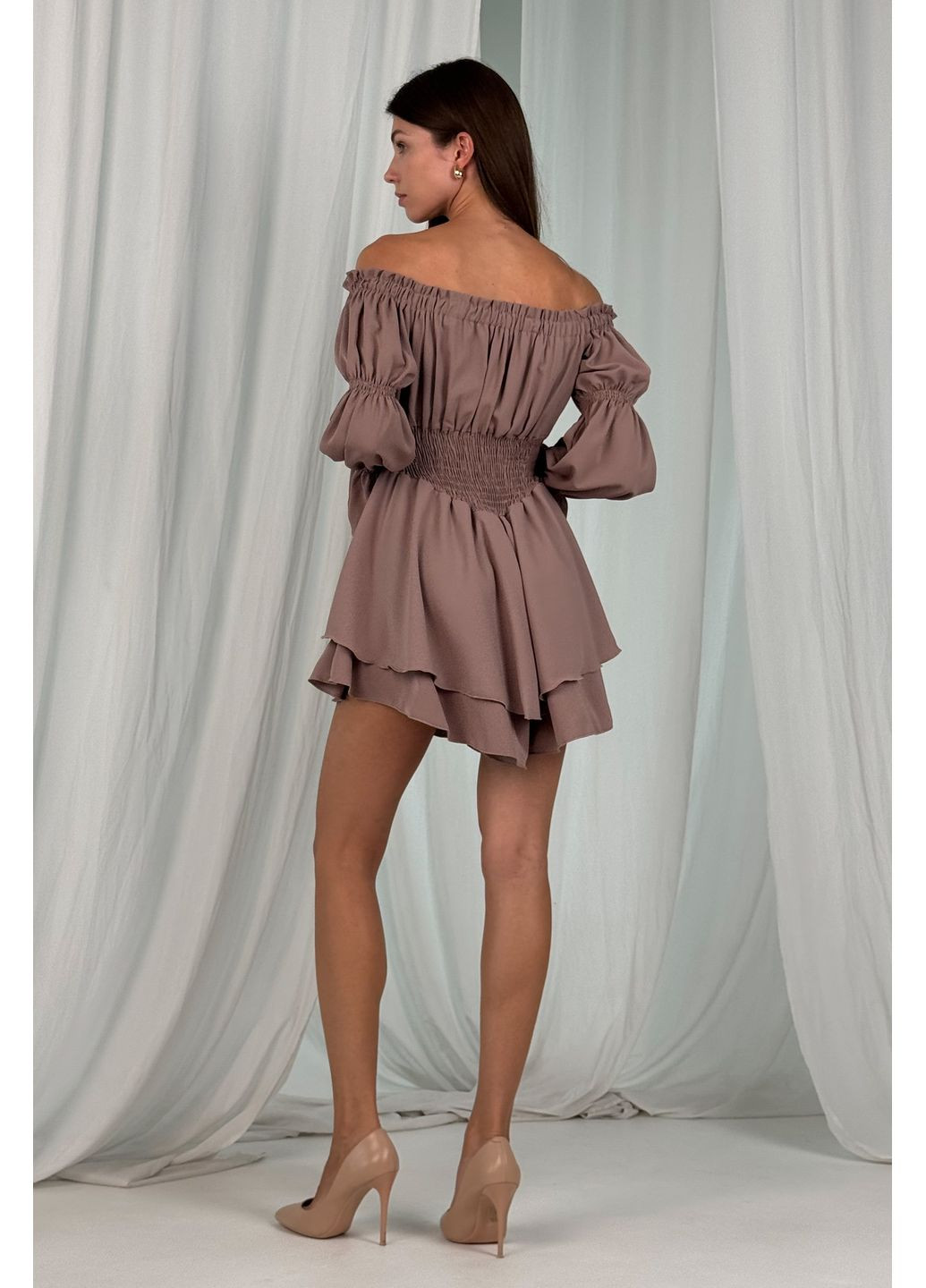 Комбінезон міні з довгим рукавом рукавом однотон CHICLY комбінезон-шорти однотонний світло-коричневий повсякденний, коктейльний, кежуал софт