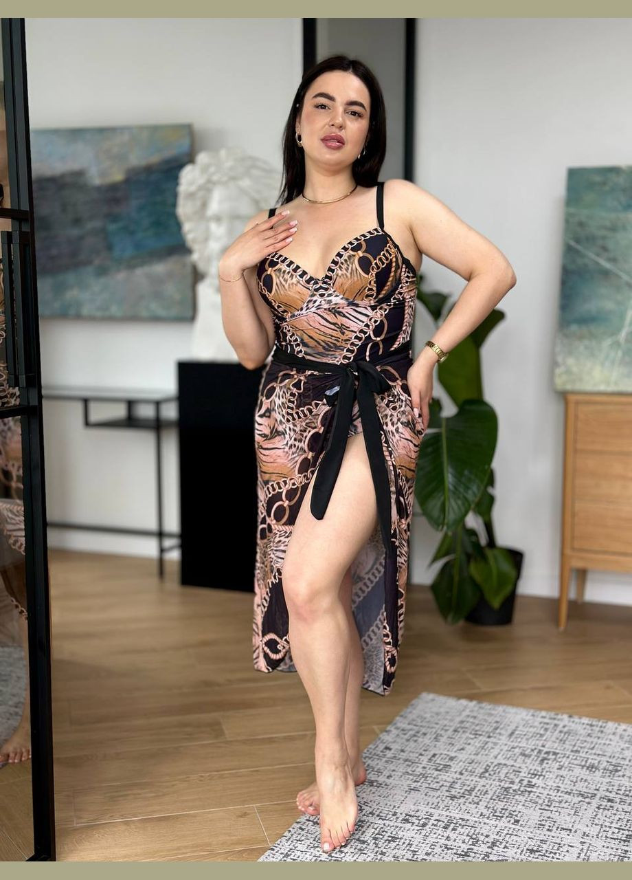 Черный летний купальник женский сплошной+парео plus size слитный No Brand