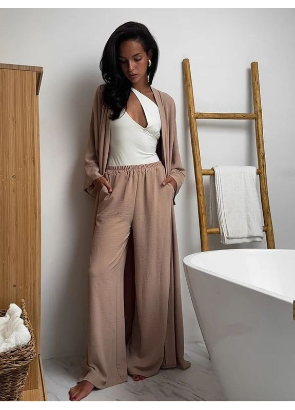 Жіночий костюм-трійка з накидкою та широкими штанами олива No Brand (361268506)