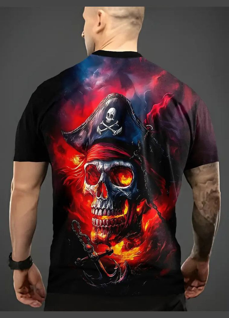 Комбинированная футболка мужская 3d принт череп капитана пиратов в огне термо дышащая летняя xl 54 No Brand