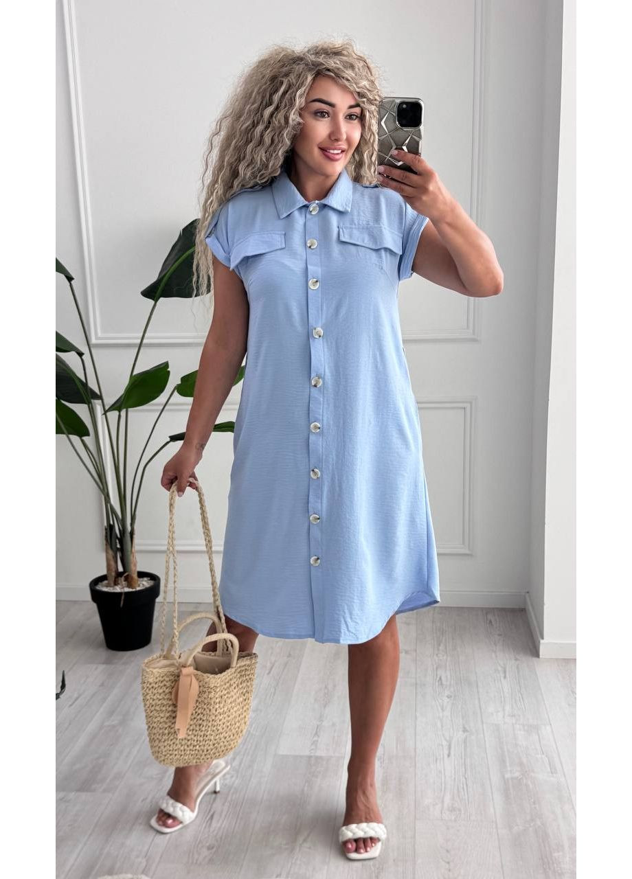 Голубое платье американский креп жатка на пуговицах с карманами и поясом Україна