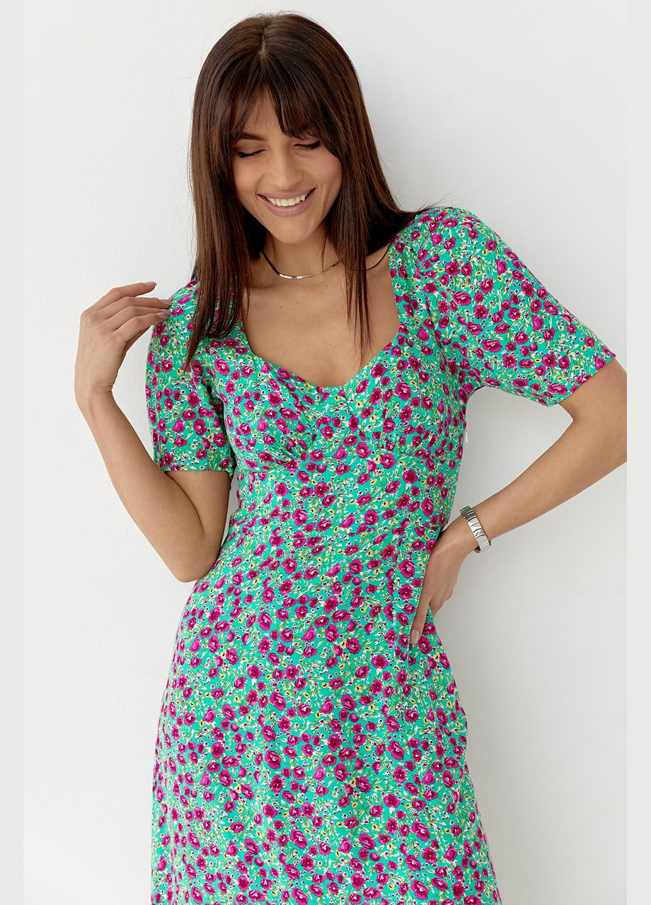 Зелена сукня міді з розрізом у квітковий принт Lurex
