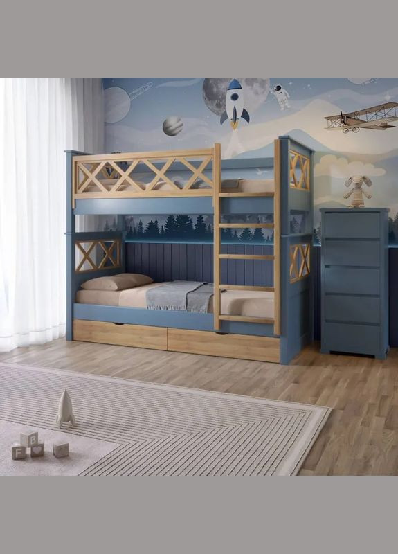 Двоярусне дитяче ліжко Мальта Синій (S 7010 R 90B)/Горіх світлий 90х190 см з ящиками (MBG-2290) Mebigrand (368282691)