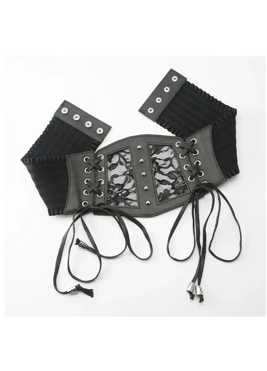 Женский корсет с гипюровыми вставками черный, кожаный пояс со шнуровкой 66–85 см, молодежный аксессуар No Brand (362682301)