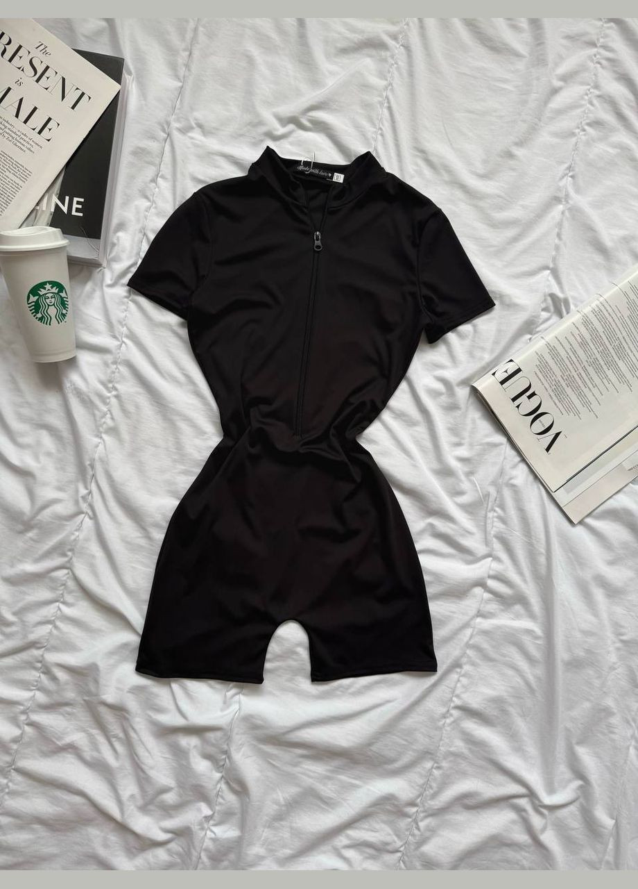 Женский комбинезон FINO Mode комбинезон-шорты чёрный спортивный, повседневный, кэжуал, вечерний дайвинг