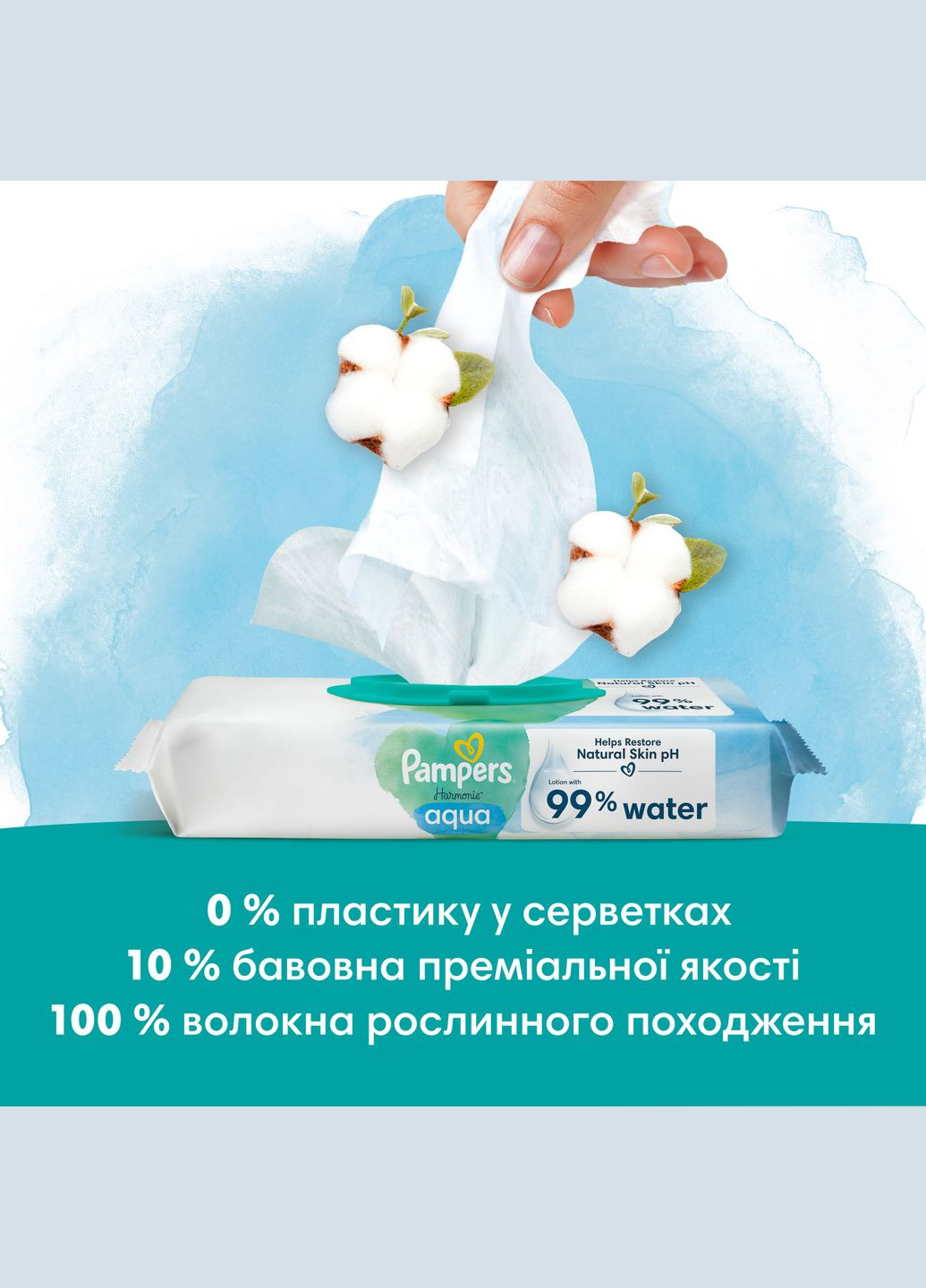 Дитячі вологі серветки Harmonie Aqua, 192 шт. (4 уп. по 48 шт.) Pampers (328200302)