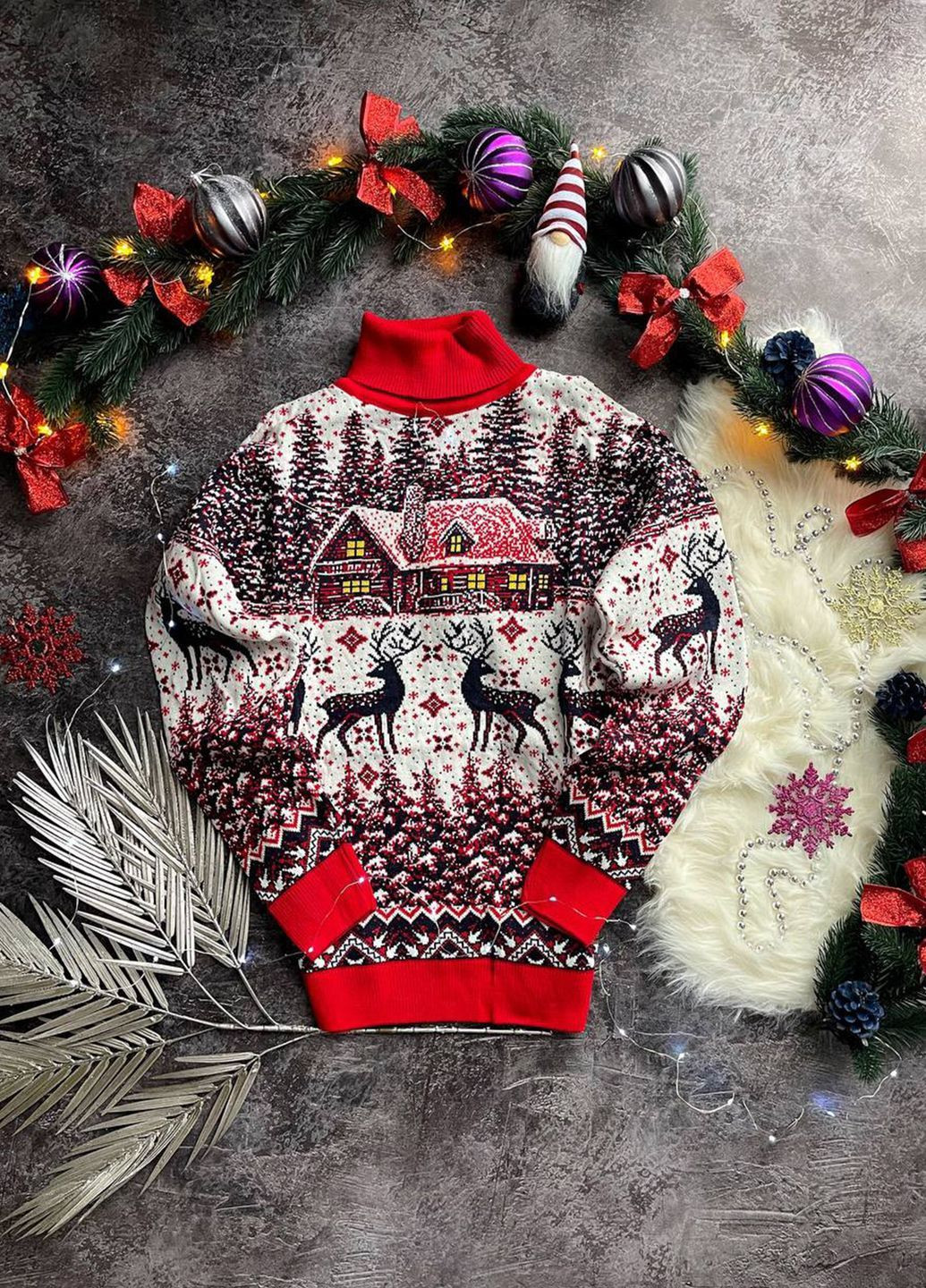 Красный зимний мужской свитер новогодний "big house" белый, под шею джемпер No Brand