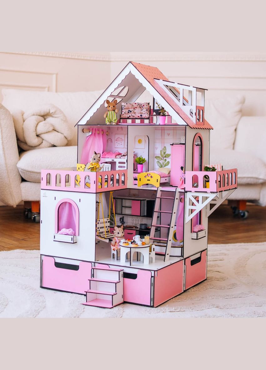 Кукольный домик Мини коттедж с органайзером с мебелью гостинная розовый (kdl001op) NestWood (311300752)