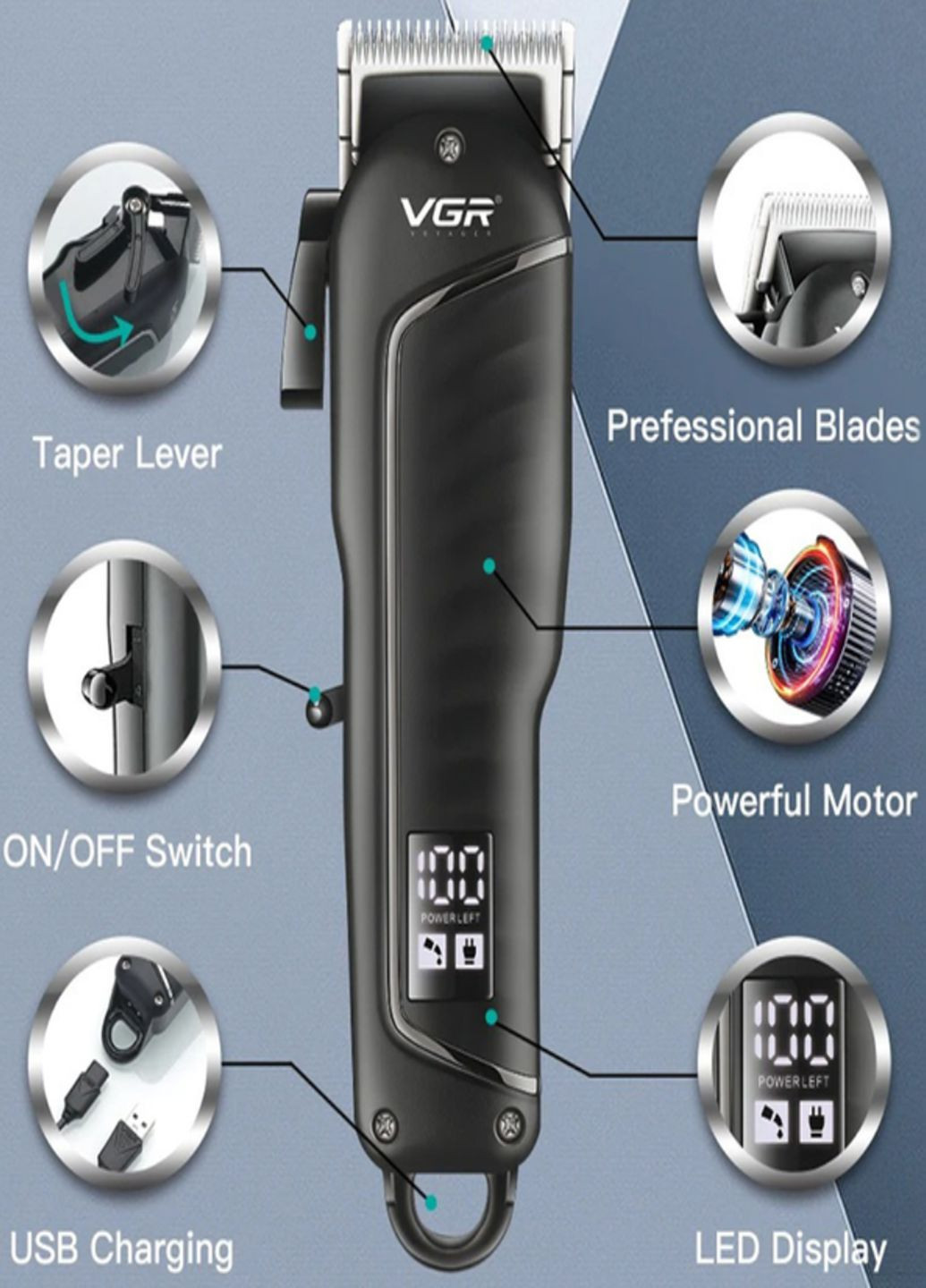 Профессиональная аккумуляторная машинка для стрижки LCD-683V беспроводная с дисплеем и насадками VGR (324219122)