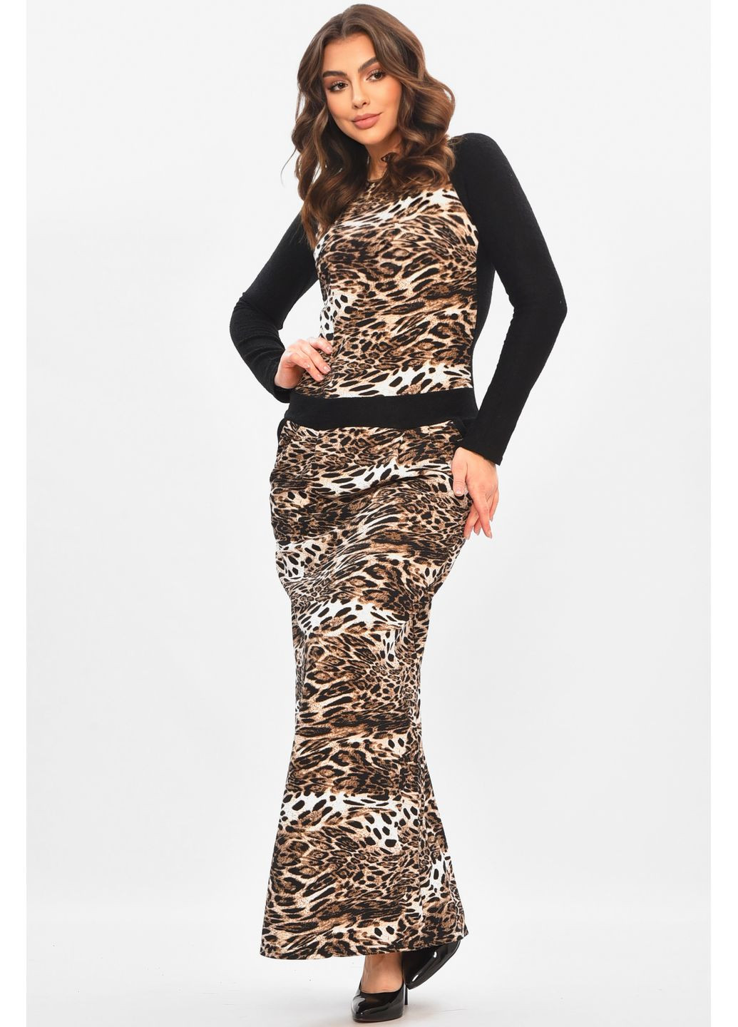 Чорна повсякденний сукня жіноча чорного кольору з принтом з баскою Let's Shop леопардовий