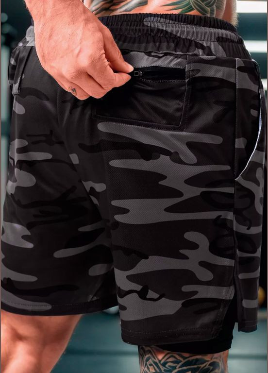 Мужские спортивные двойные шорты с тайтсами с петелькой для полотенца камуфляж серый No Brand (348317807)