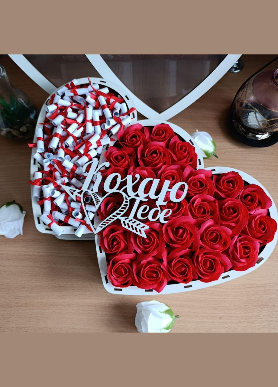Подарочный бокс двойное сердце с розами и 101 причиной «Почему я тебя люблю» (ar145) No Brand (316680147)