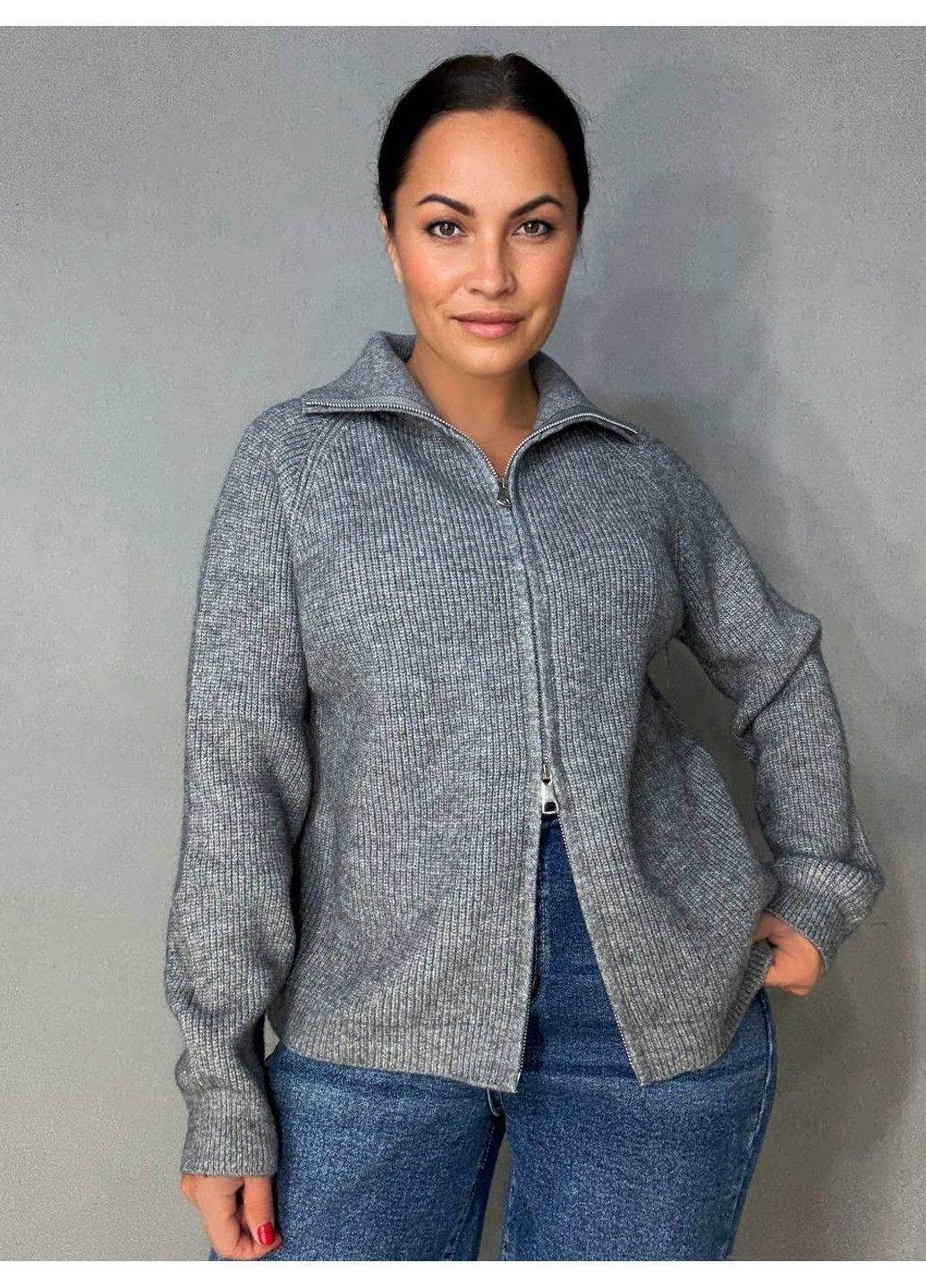 Кардиган жіночий A-N 1899 светр на блискавці в’язаний сірий No Brand (362024314)