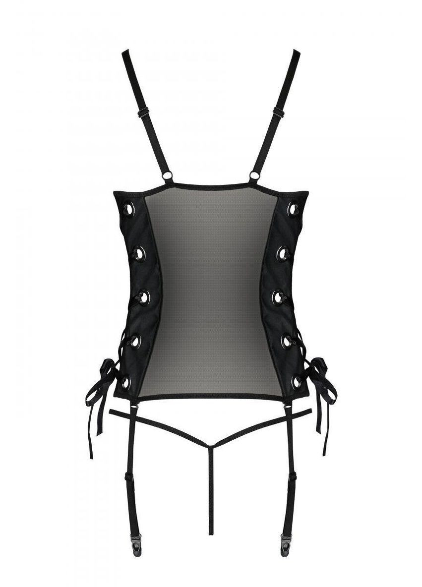 Сетчатый корсет из эко-кожи Malwia Corset black L/XL: с люверсами и съемными пажами Passion (303903148)