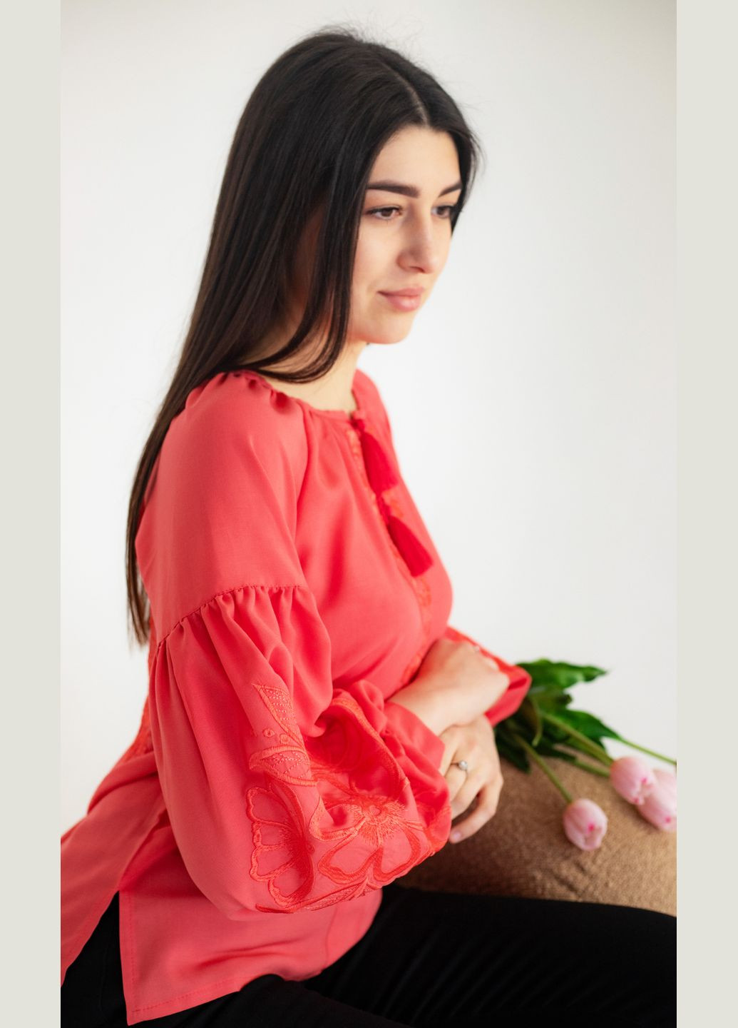 Розовая женская вышиванка vishivano4ka 2900 узор цветочный штапель (330598475)