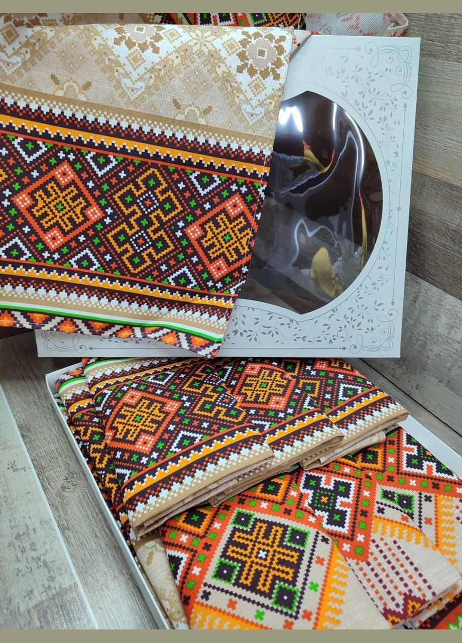 Набор льняная скатерть + полотенца в подарочной коробке с орнаментом 110*150 см + 4 шт 35*70 см (П4КAl-nabir-lyon-001) No Brand (308754569)