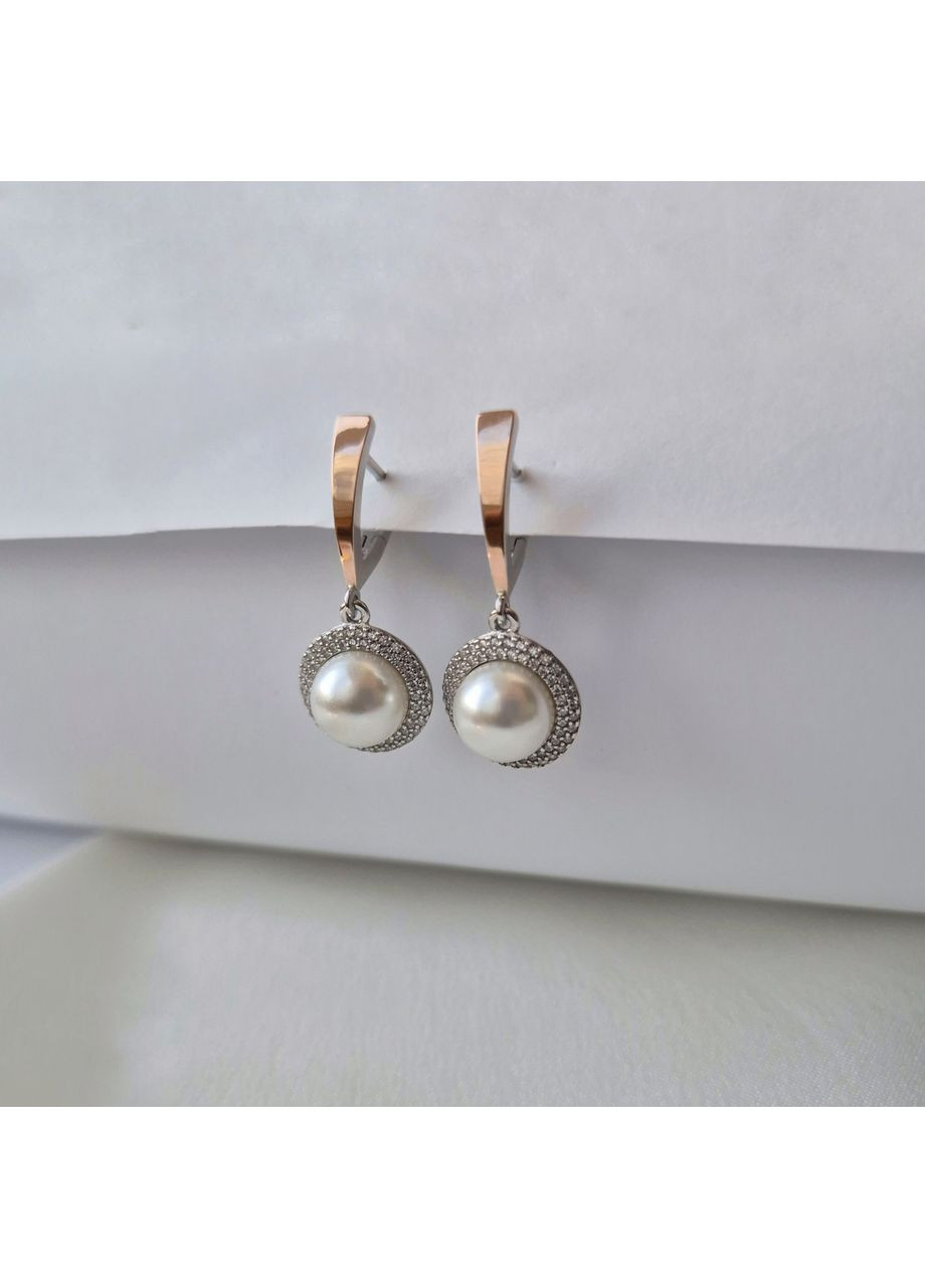 Срібні сережки з Перлиною (імітація) із золотою пластиною срібло 925 проби Родоване 540с 6.40г Nobrand (366870927)