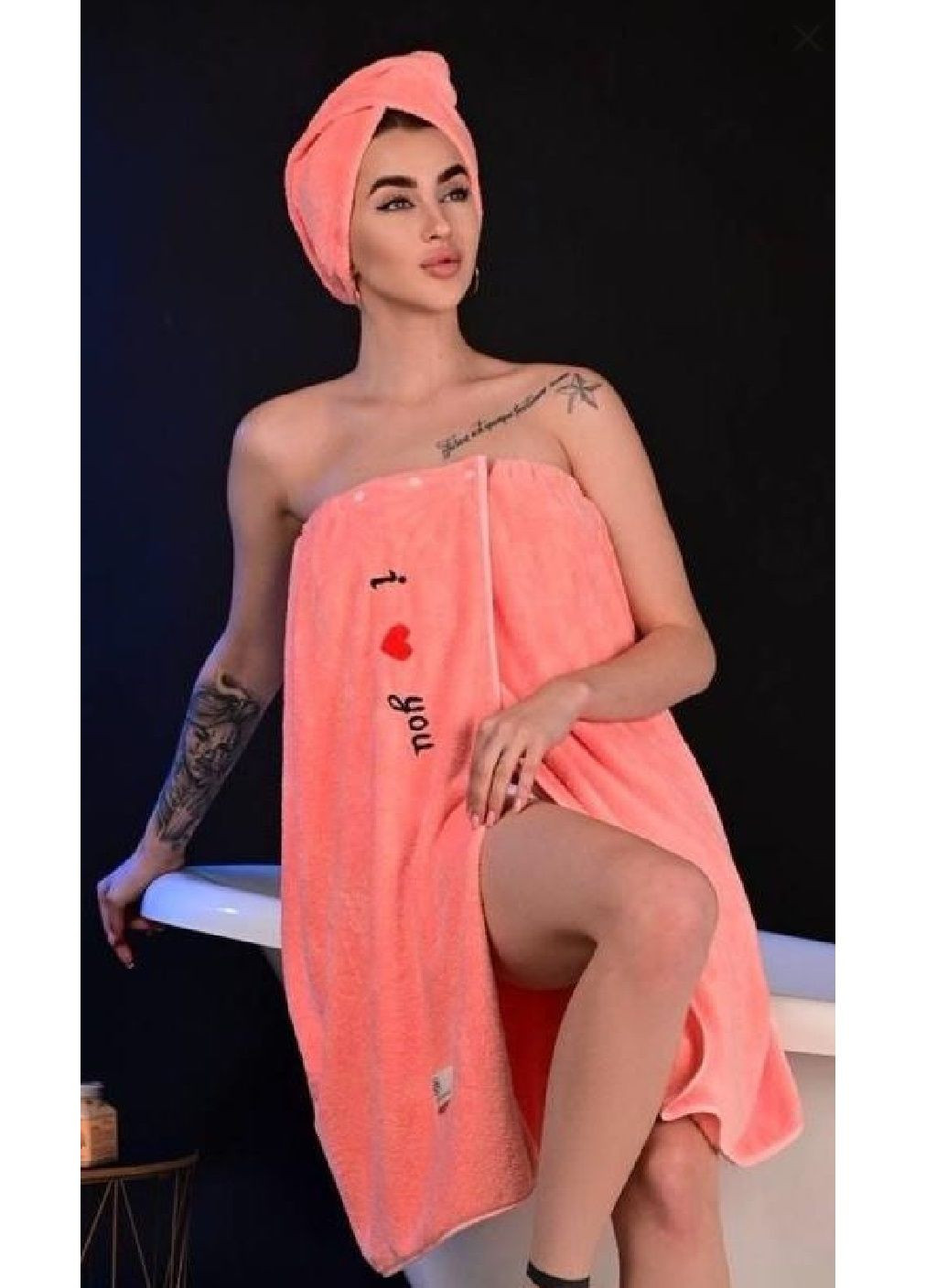 Комплект полотенце халат чалма на голову для сауны бани душа бассейна микрофибра 140х80 см (476953-Prob) Персиковый с надписью Unbranded (292848662)