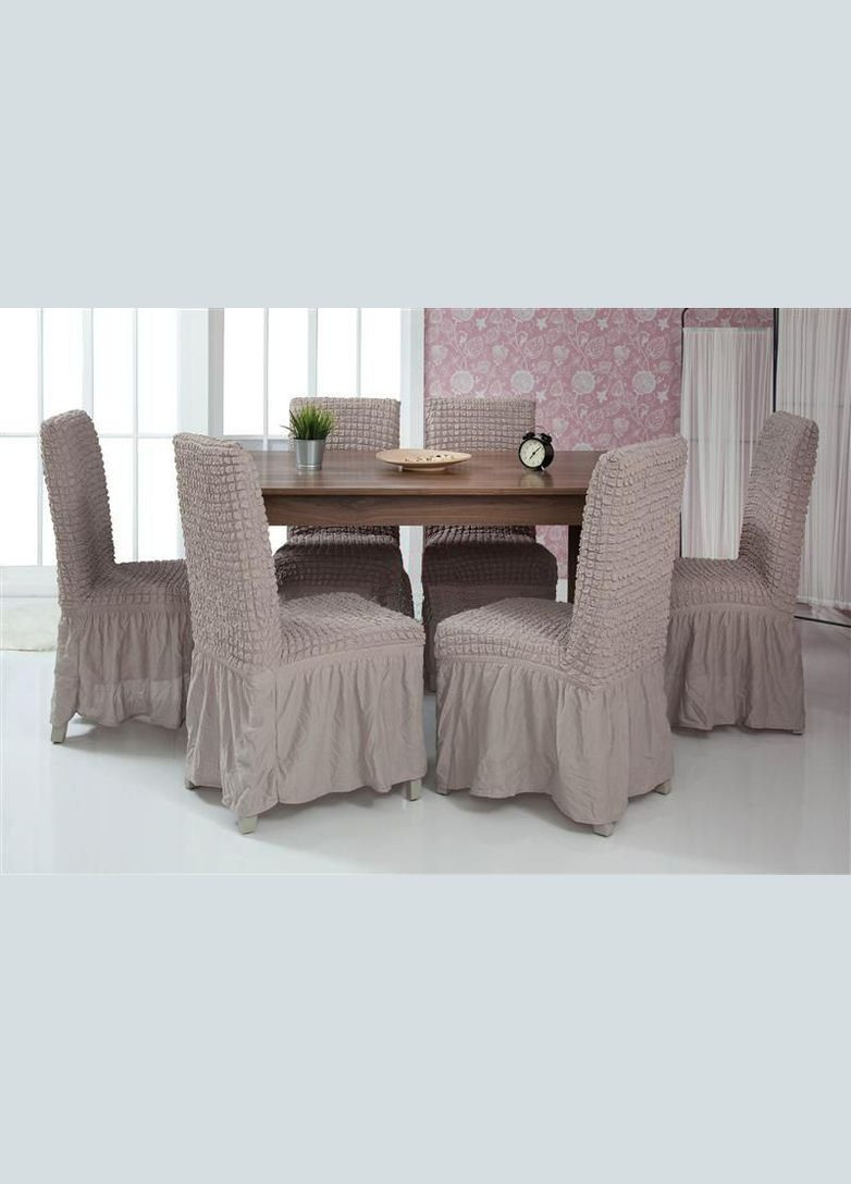 Чехлы натяжные на стулья с оборкой (набор 6-шт) 05-205 Светло-серый Venera (268547658)