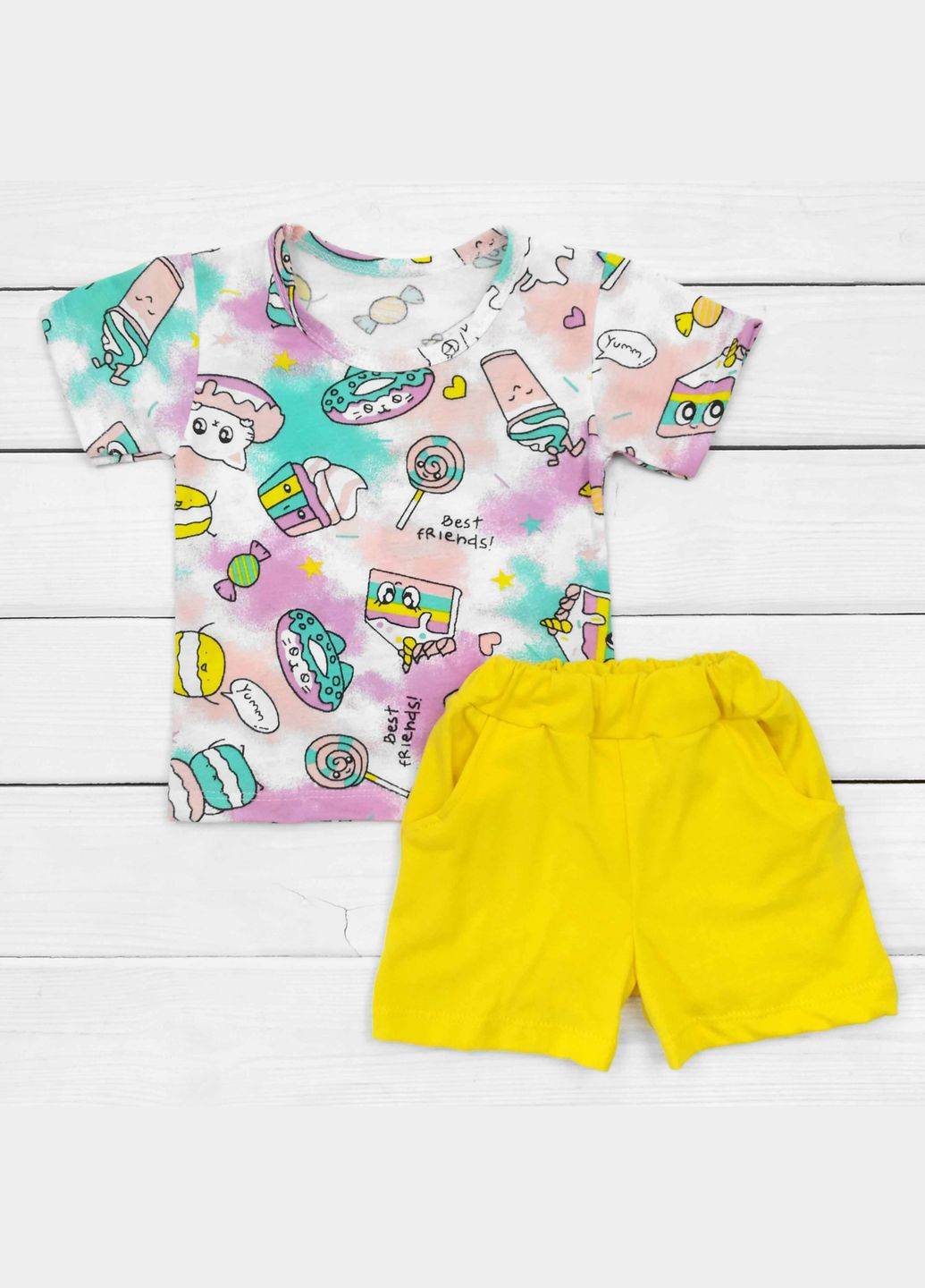 Комбінований літній футболка з однотонними шортами для дівчинки cookies ментол;жовтий dexter's