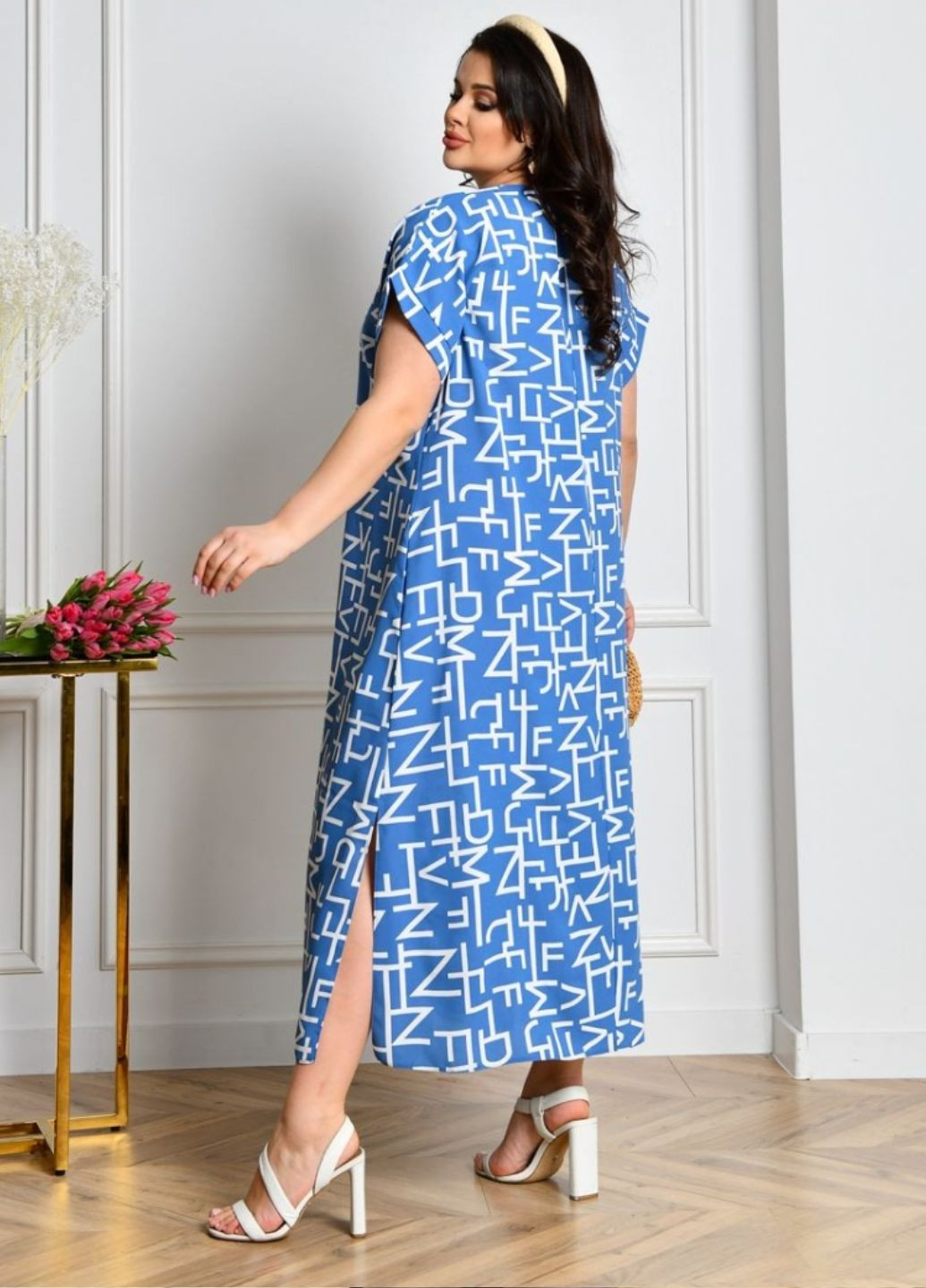 Синее повседневный повседневное макси платье с узором No Brand с абстрактным узором